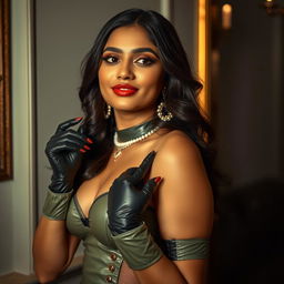 An alluring Indian woman showcasing a stunning outfit featuring latex garter gloves, seamed stockings, and playful accessories, exuding confidence and a sense of whimsy