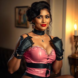 An alluring Indian woman showcasing a stunning outfit featuring latex garter gloves, seamed stockings, and playful accessories, exuding confidence and a sense of whimsy