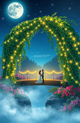 A romantic and enchanting scene depicting a stunning bridge illuminated by soft, shimmering moonlight, intertwining lush greenery draping over it gently