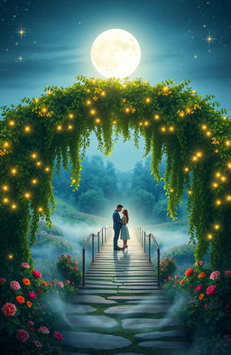 A romantic and enchanting scene depicting a stunning bridge illuminated by soft, shimmering moonlight, intertwining lush greenery draping over it gently