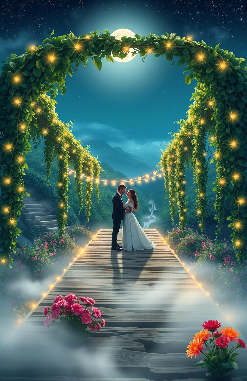 A romantic and enchanting scene depicting a stunning bridge illuminated by soft, shimmering moonlight, intertwining lush greenery draping over it gently