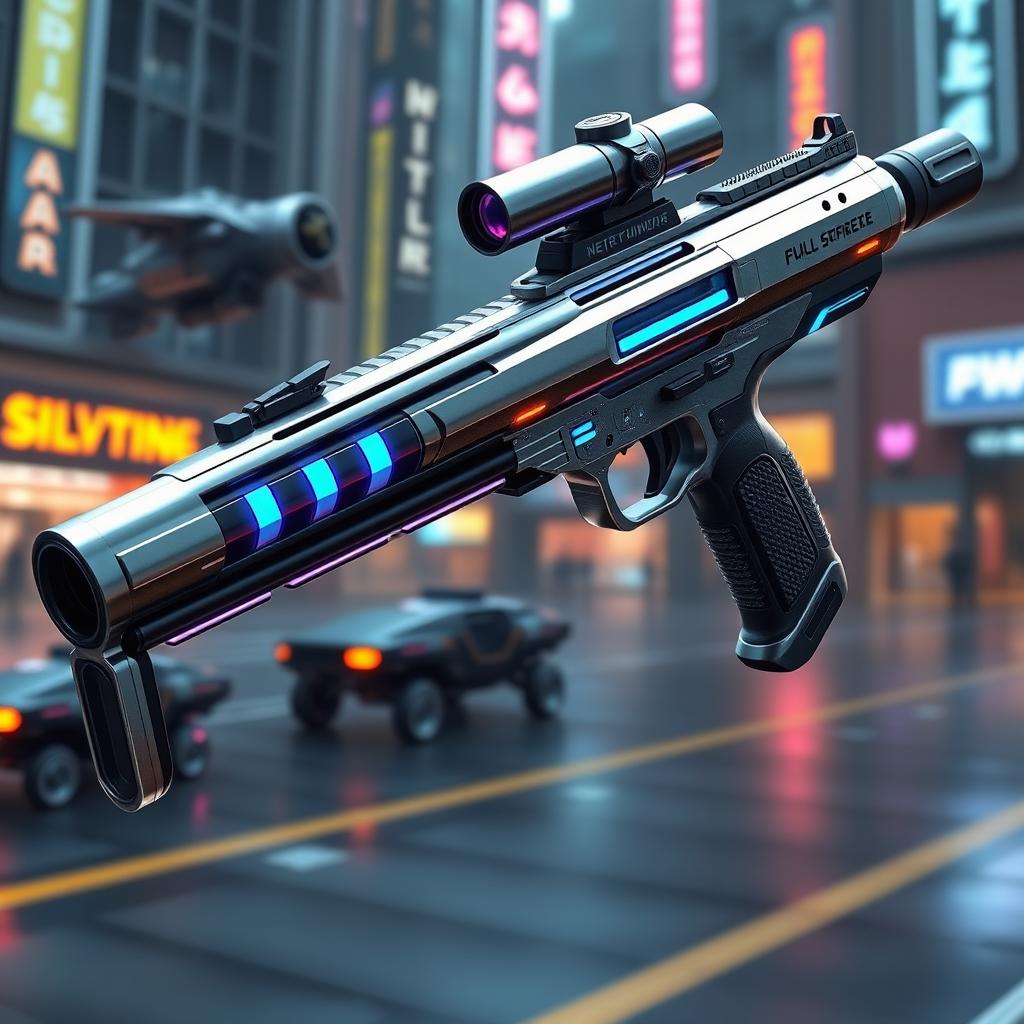 An advanced sci-fi gun designed for intergalactic battles, featuring a sleek, elongated barrel and a high-tech aesthetic