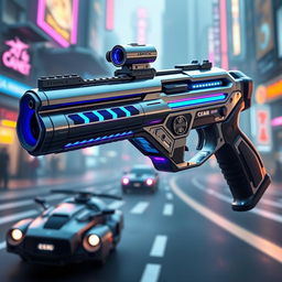 An advanced sci-fi gun designed for intergalactic battles, featuring a sleek, elongated barrel and a high-tech aesthetic