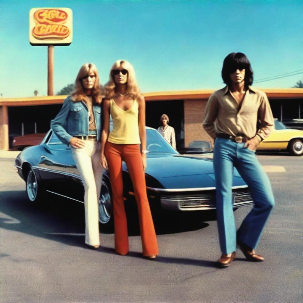 1970s rock band album cover featuring male and female musicians standing in front of a sports car, parked in a motel parking lot in a photo-realistic style