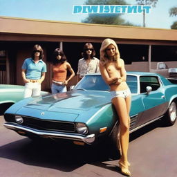 1970s rock band album cover featuring male and female musicians standing in front of a sports car, parked in a motel parking lot in a photo-realistic style