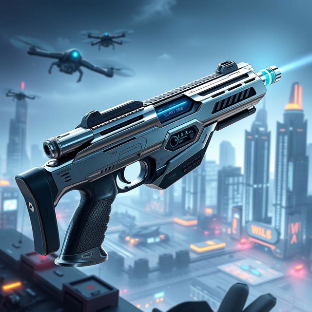 A sleek and futuristic sci-fi gun designed for elite soldiers, featuring a streamlined silhouette with a polished chrome finish