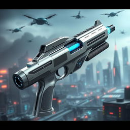 A sleek and futuristic sci-fi gun designed for elite soldiers, featuring a streamlined silhouette with a polished chrome finish