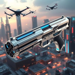A sleek and futuristic sci-fi gun designed for elite soldiers, featuring a streamlined silhouette with a polished chrome finish