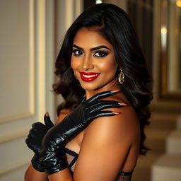 An alluring Indian woman wearing latex garter gloves and seamed stockings, playfully engaging with her outfit in a fashion-forward, glamorous setting
