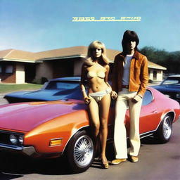 1970s rock band album cover featuring male and female musicians standing in front of a sports car, parked in a motel parking lot in a photo-realistic style