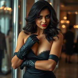 A glamorous and stylish Indian woman wearing latex garter gloves and seamed stockings, playfully engaging with her outfit in a fashion-forward setting