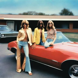 1970s rock band album cover featuring male and female musicians standing in front of a sports car, parked in a motel parking lot in a photo-realistic style