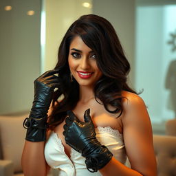 A glamorous and stylish Indian woman wearing latex garter gloves and seamed stockings, playfully engaging with her outfit in a fashion-forward setting