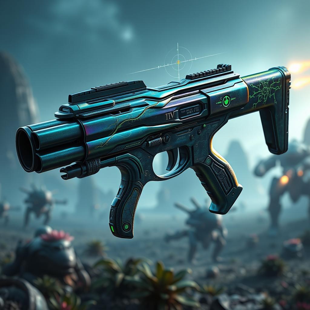 An intricately designed sci-fi gun that blends organic and mechanical elements