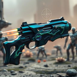 An intricately designed sci-fi gun that blends organic and mechanical elements