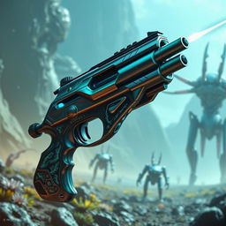 An intricately designed sci-fi gun that blends organic and mechanical elements