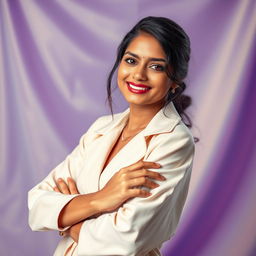 An elegant Indian young woman confidently posing in a fashion-forward outfit, highlighting her beauty and confidence