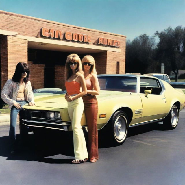 A realistic 1970s rock band album cover showing male and female musicians standing in front of a sports car, which is parked in a motel parking lot