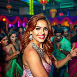 A chestnut-haired woman with striking features, engaged in a lively dance on a neon-lit stage in a bustling Indian dance bar