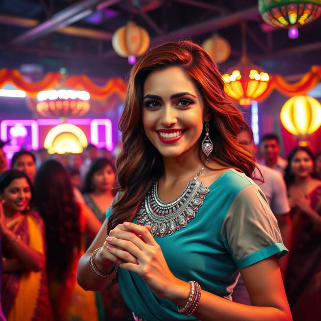 A chestnut-haired woman with striking features, engaged in a lively dance on a neon-lit stage in a bustling Indian dance bar