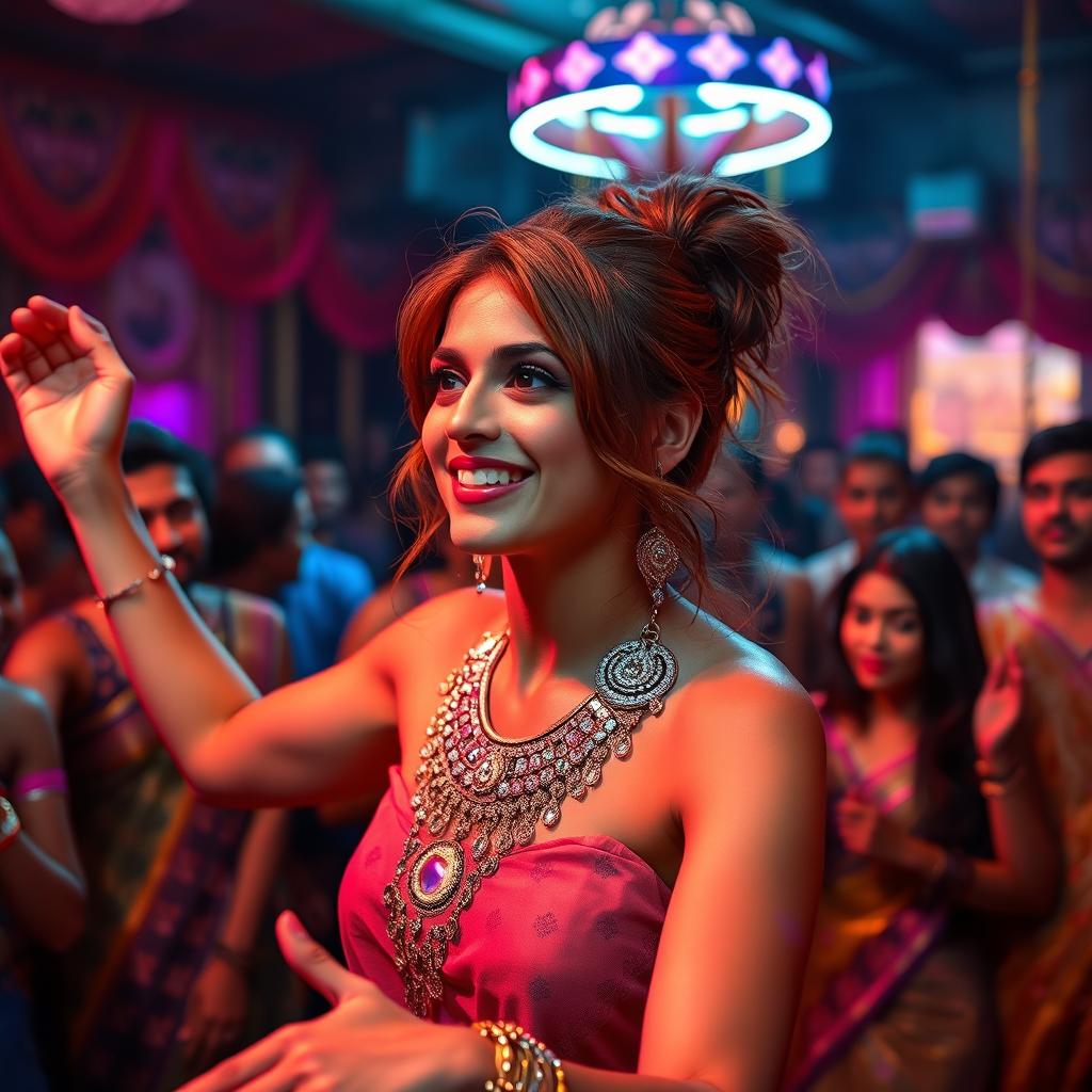 A chestnut-haired woman with striking features, engaged in a lively dance on a neon-lit stage in a bustling Indian dance bar