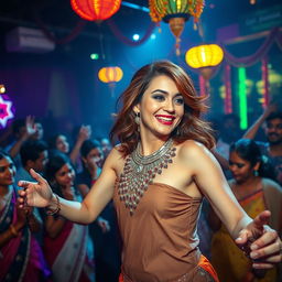 A chestnut-haired woman with striking features, engaged in a lively dance on a neon-lit stage in a bustling Indian dance bar