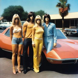 A realistic 1970s rock band album cover showing male and female musicians standing in front of a sports car, which is parked in a motel parking lot