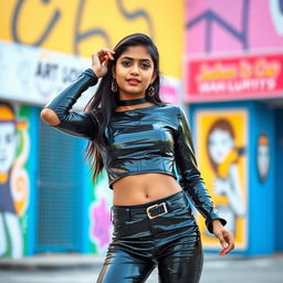 A stylish Indian girl confidently showcasing her fashion sense in a chic, fitted latex outfit that is modern and trendy