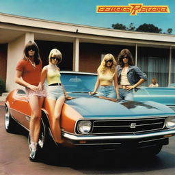 A realistic 1970s rock band album cover showing male and female musicians standing in front of a sports car, which is parked in a motel parking lot