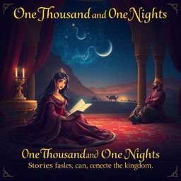 A mystical nighttime scene featuring Scheherazade seated on a plush, richly decorated carpet in an elegant palace chamber