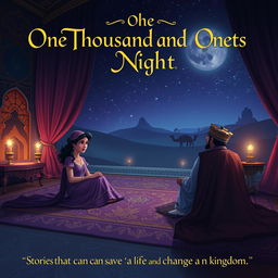 A mystical nighttime scene featuring Scheherazade seated on a plush, richly decorated carpet in an elegant palace chamber