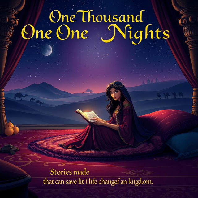 A mystical nighttime scene featuring Scheherazade seated on a plush, richly decorated carpet in an elegant palace chamber