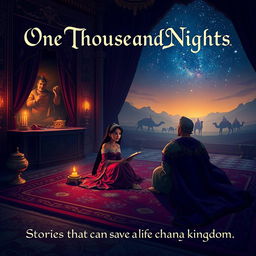 A mystical nighttime scene featuring Scheherazade seated on a plush, richly decorated carpet in an elegant palace chamber