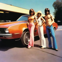 A realistic 1970s rock band album cover showing male and female musicians standing in front of a sports car, which is parked in a motel parking lot