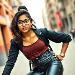 A fashionable Indian girl confidently showcasing her style in a chic outfit featuring tight latex pants that elegantly highlight her silhouette