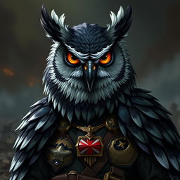 An owlin character from Dungeons and Dragons, depicted as an army veteran