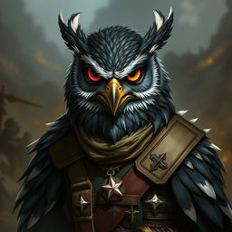 An owlin character from Dungeons and Dragons, depicted as an army veteran
