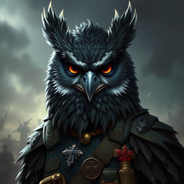 An owlin character from Dungeons and Dragons, depicted as an army veteran