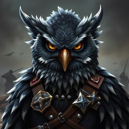 An owlin character from Dungeons and Dragons, depicted as an army veteran