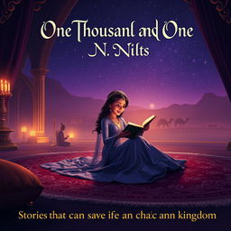 A mystical nighttime scene featuring Scheherazade gracefully sitting on a plush, richly decorated carpet in an elegant palace chamber