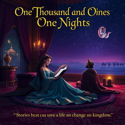 A mystical nighttime scene featuring Scheherazade gracefully sitting on a plush, richly decorated carpet in an elegant palace chamber