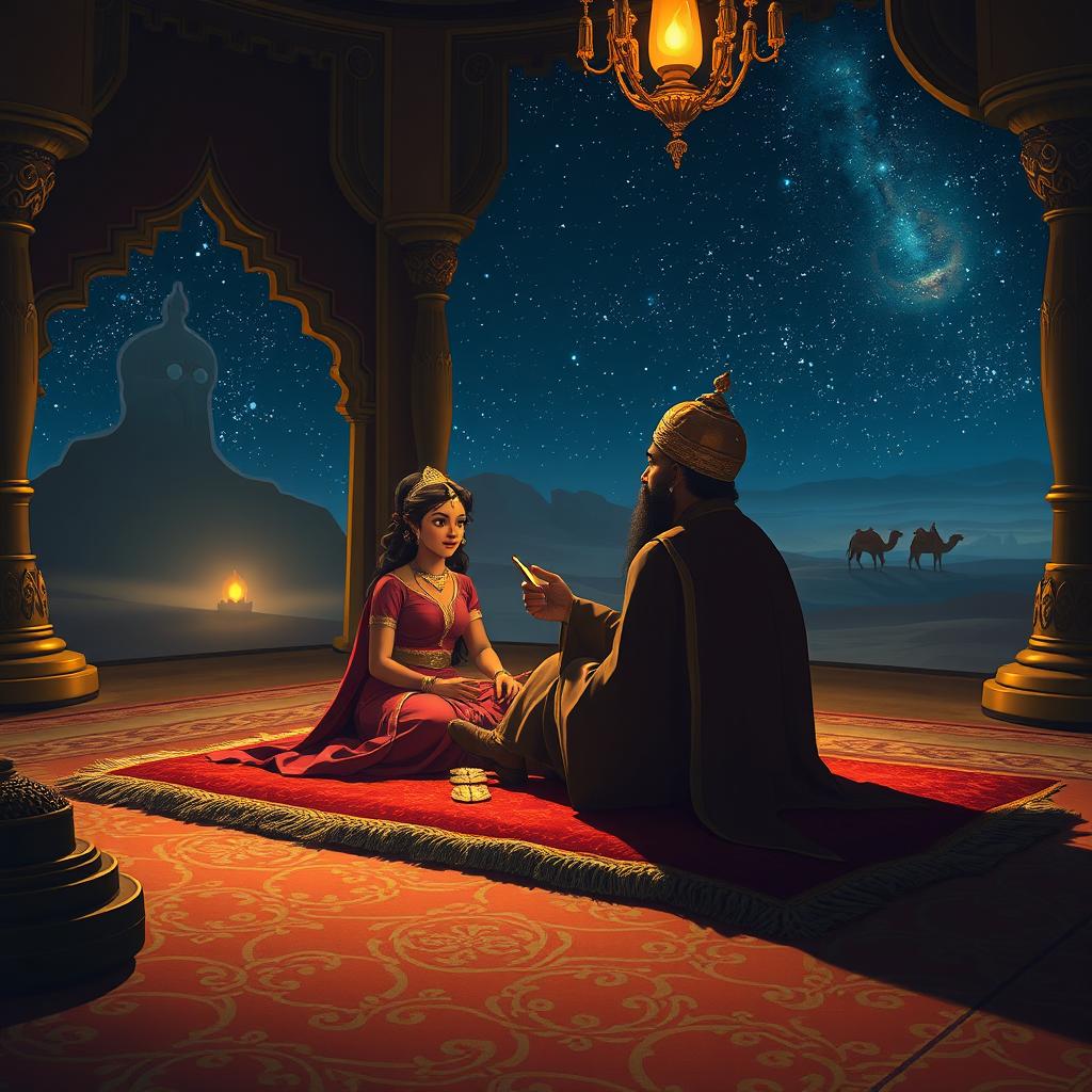 A mystical nighttime scene featuring Scheherazade sitting on a plush, richly decorated carpet in an elegant palace chamber