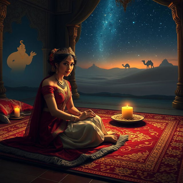 A mystical nighttime scene featuring Scheherazade sitting on a plush, richly decorated carpet in an elegant palace chamber