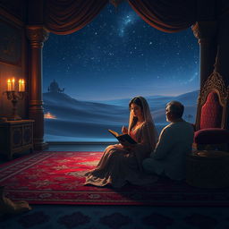 A mystical nighttime scene featuring Scheherazade sitting on a plush, richly decorated carpet in an elegant palace chamber