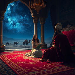 A mystical nighttime scene featuring Scheherazade sitting on a plush, richly decorated carpet in an elegant palace chamber