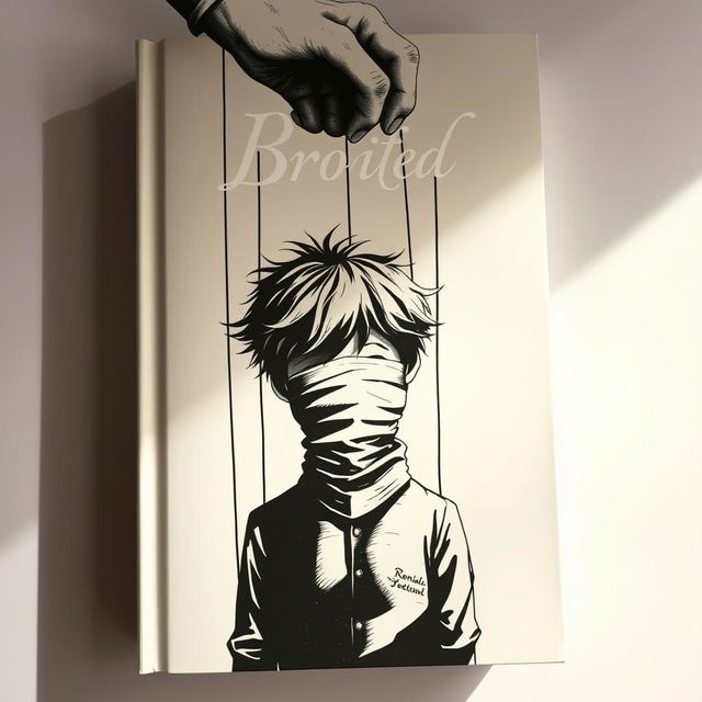 A book cover featuring a boy with tousled hair and a partially covered face, resembling a wooden puppet, being controlled by strings