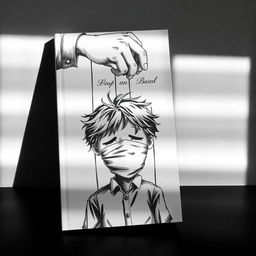A book cover featuring a boy with tousled hair and a partially covered face, resembling a wooden puppet, being controlled by strings