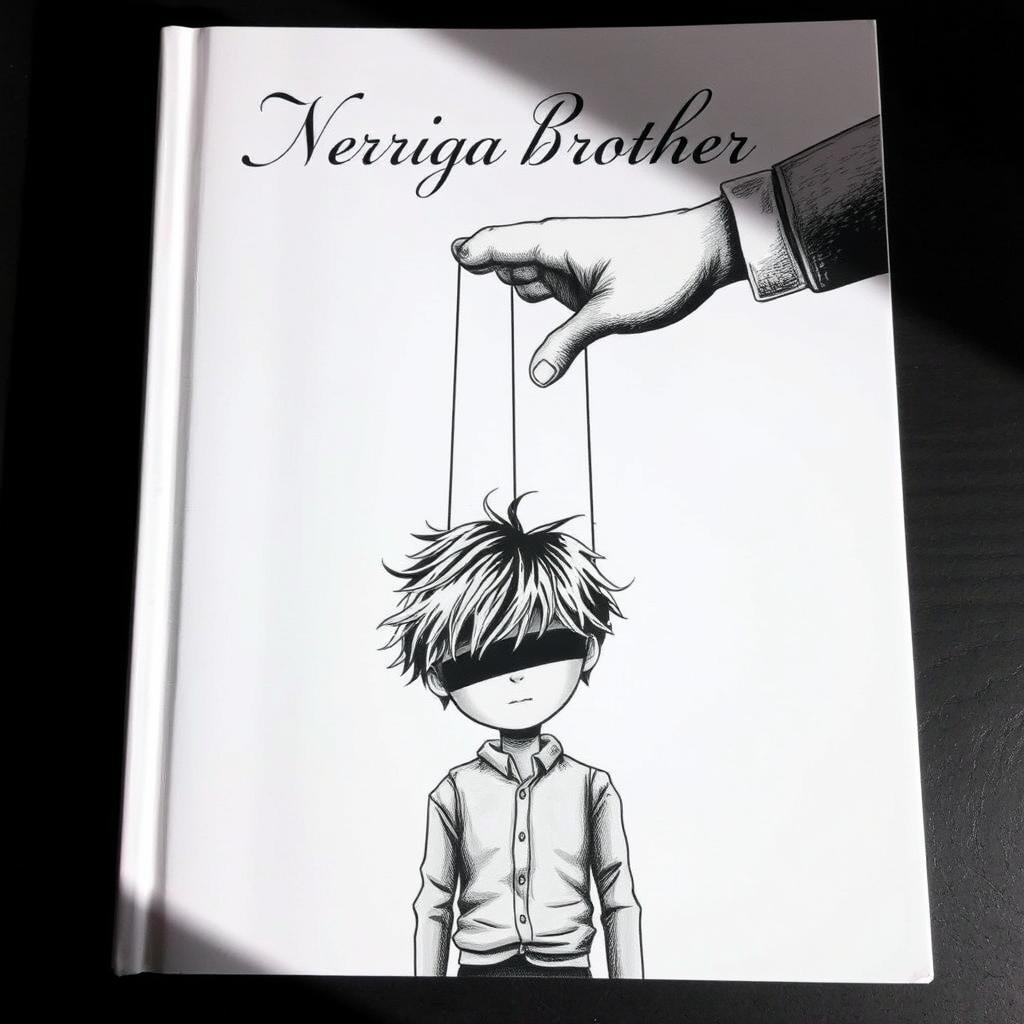 A book cover featuring a boy with tousled hair and a partially covered face, resembling a wooden puppet, being controlled by strings