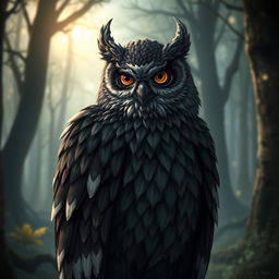 An Owlin character from Dungeons and Dragons, featuring predominantly black feathers with gray as a secondary color and white tips on the feathers