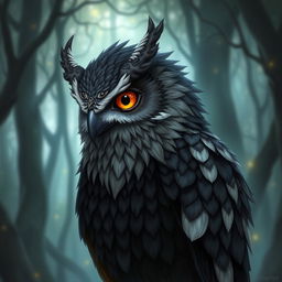 An Owlin character from Dungeons and Dragons, featuring predominantly black feathers with gray as a secondary color and white tips on the feathers